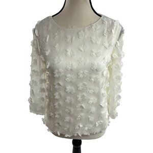 New York & Company Womens Blouse 3D Floral Applique Sheer Sleeve XS